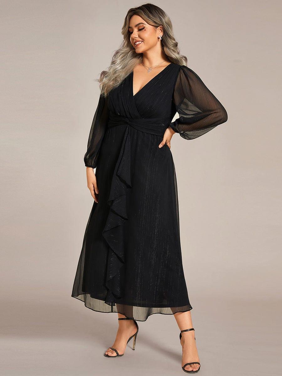 ever EMBER|Shimmering Long Sleeve V-Neck Chiffon Twist Knot A-Line Evening Dress