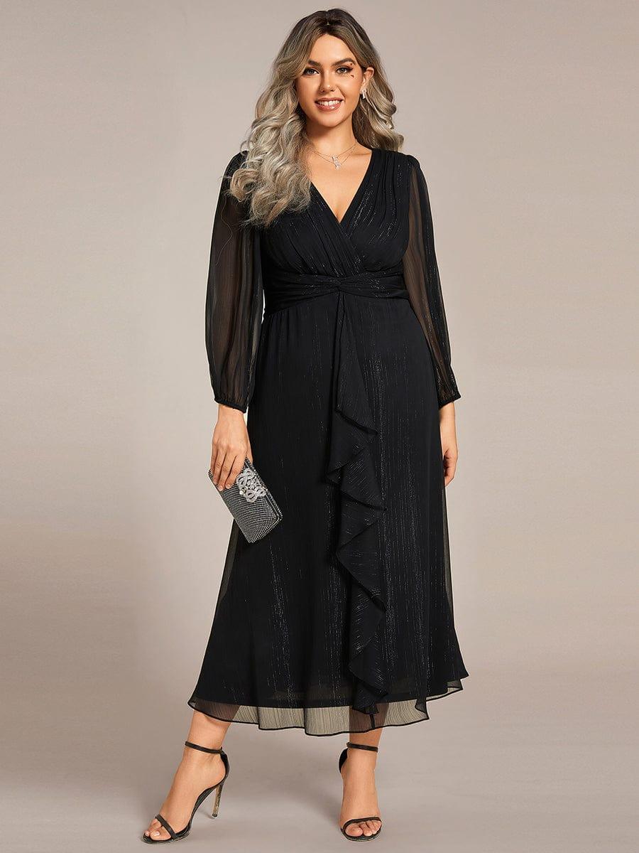 ever EMBER|Shimmering Long Sleeve V-Neck Chiffon Twist Knot A-Line Evening Dress