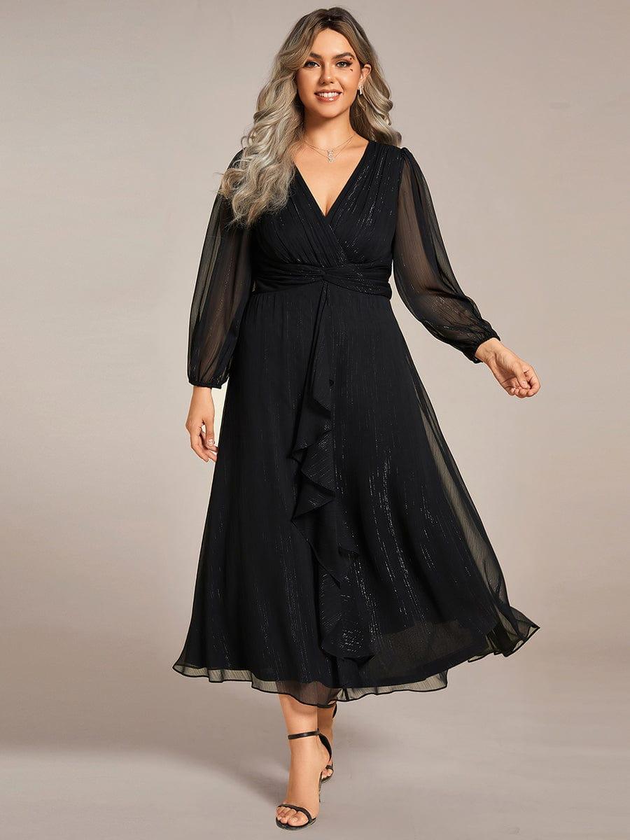 ever EMBER|Shimmering Long Sleeve V-Neck Chiffon Twist Knot A-Line Evening Dress