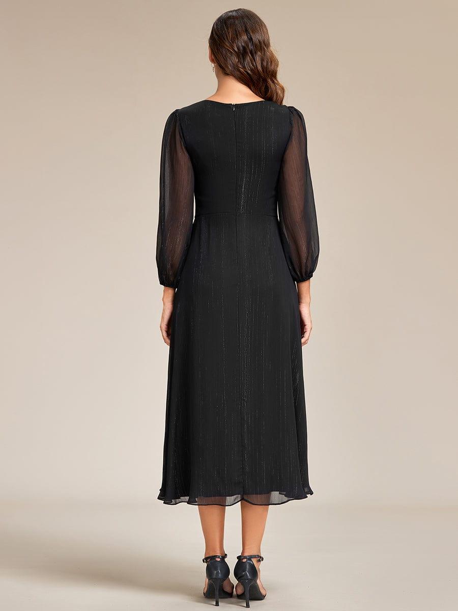 ever EMBER|Shimmering Long Sleeve V-Neck Chiffon Twist Knot A-Line Evening Dress