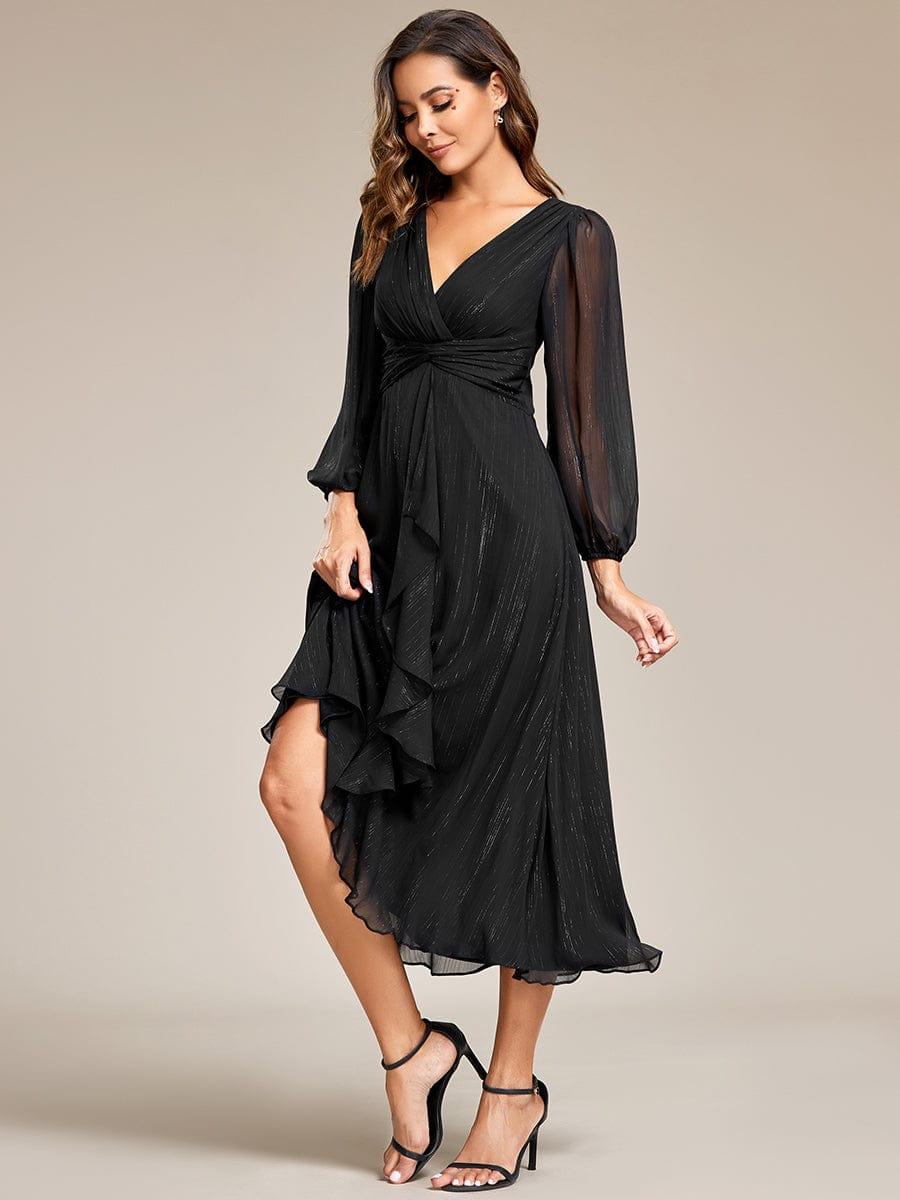 ever EMBER|Shimmering Long Sleeve V-Neck Chiffon Twist Knot A-Line Evening Dress