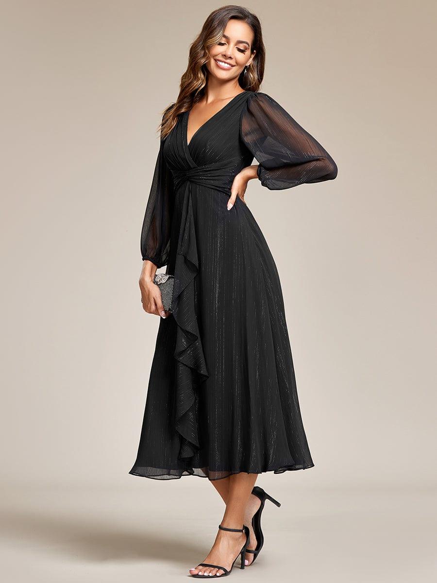 ever EMBER|Shimmering Long Sleeve V-Neck Chiffon Twist Knot A-Line Evening Dress