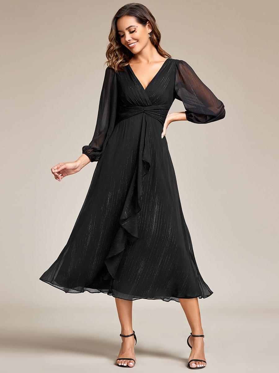ever EMBER|Shimmering Long Sleeve V-Neck Chiffon Twist Knot A-Line Evening Dress