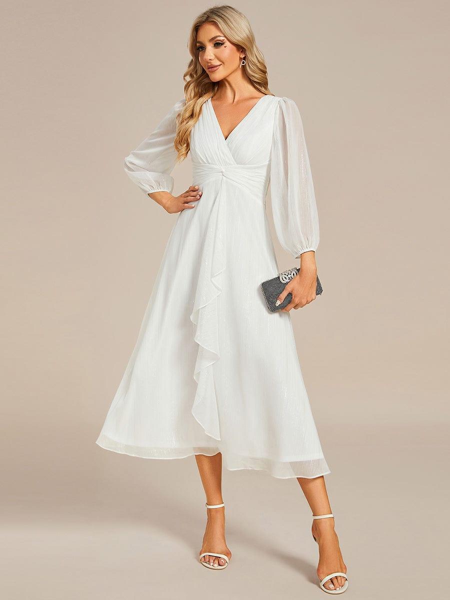 ever EMBER|Shimmering Long Sleeve V-Neck Chiffon Twist Knot A-Line Evening Dress