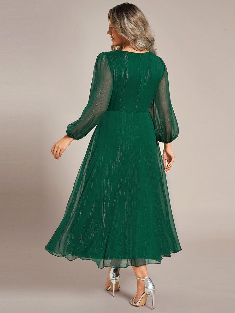 ever EMBER|Shimmering Long Sleeve V-Neck Chiffon Twist Knot A-Line Evening Dress