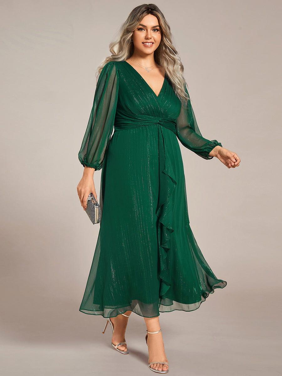 ever EMBER|Shimmering Long Sleeve V-Neck Chiffon Twist Knot A-Line Evening Dress
