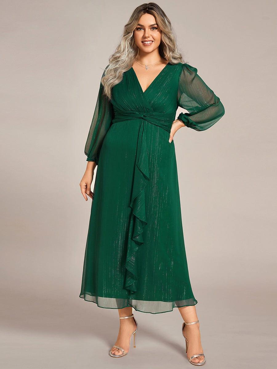 ever EMBER|Shimmering Long Sleeve V-Neck Chiffon Twist Knot A-Line Evening Dress