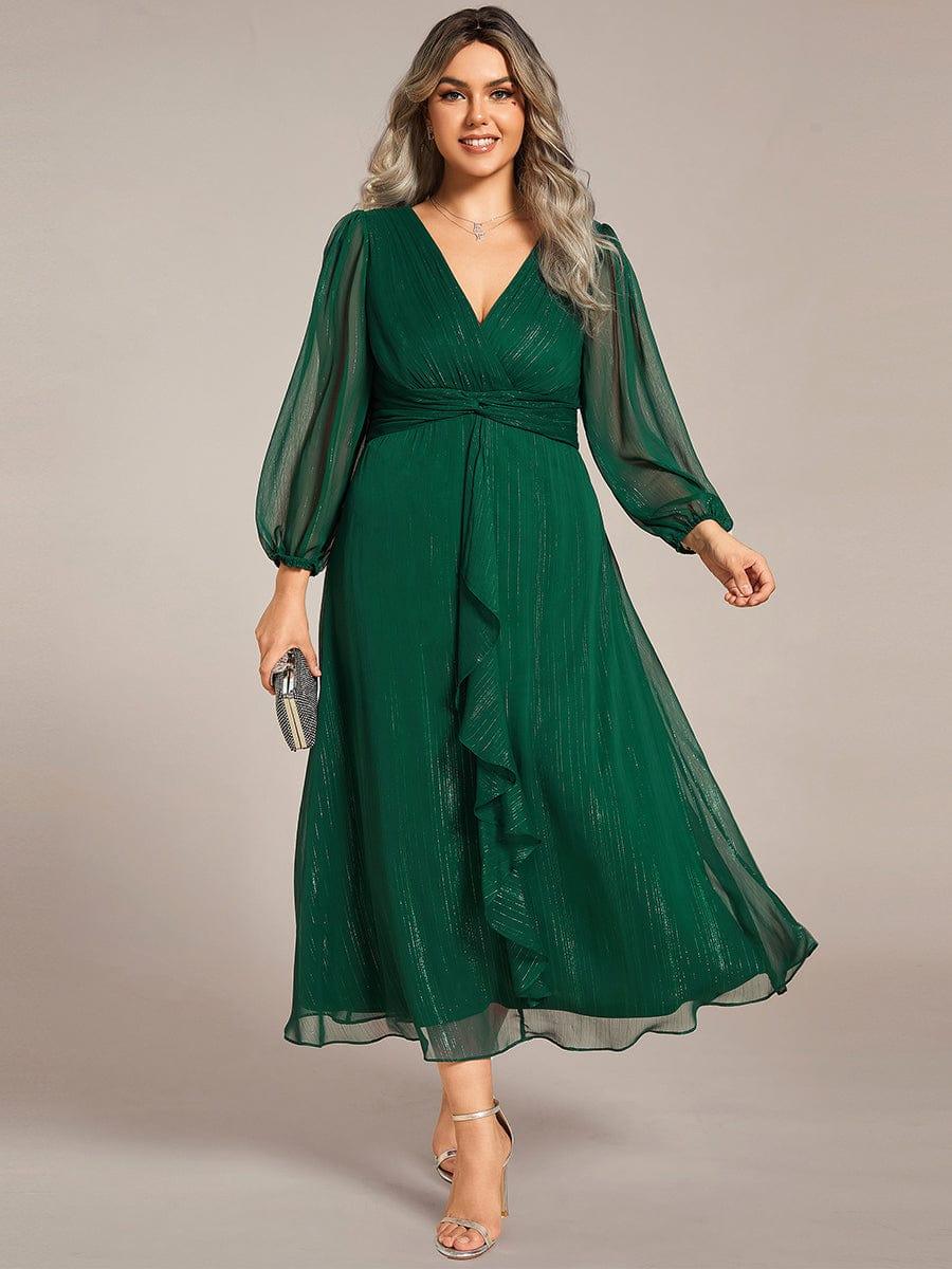 ever EMBER|Shimmering Long Sleeve V-Neck Chiffon Twist Knot A-Line Evening Dress