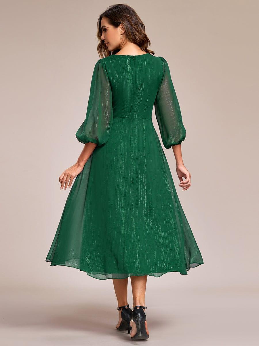 ever EMBER|Shimmering Long Sleeve V-Neck Chiffon Twist Knot A-Line Evening Dress