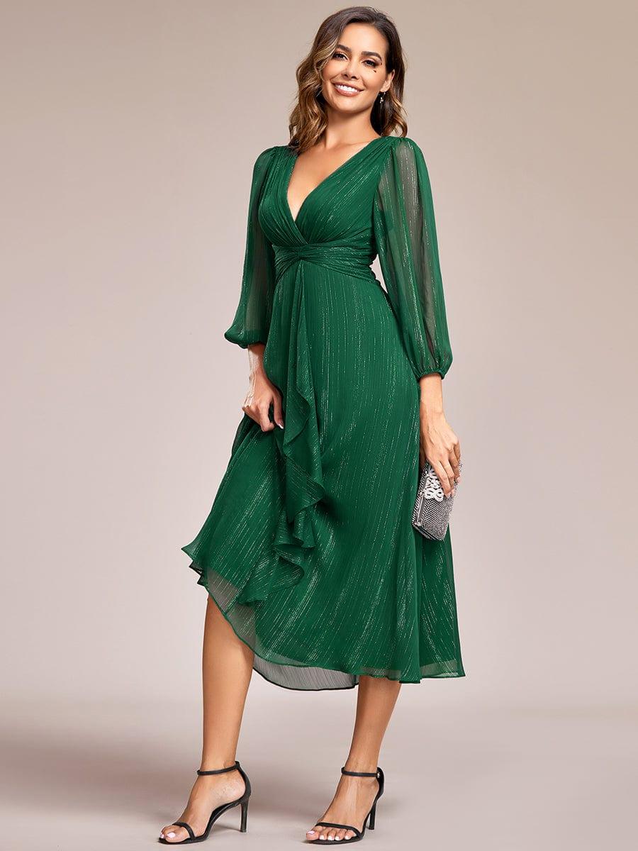 ever EMBER|Shimmering Long Sleeve V-Neck Chiffon Twist Knot A-Line Evening Dress