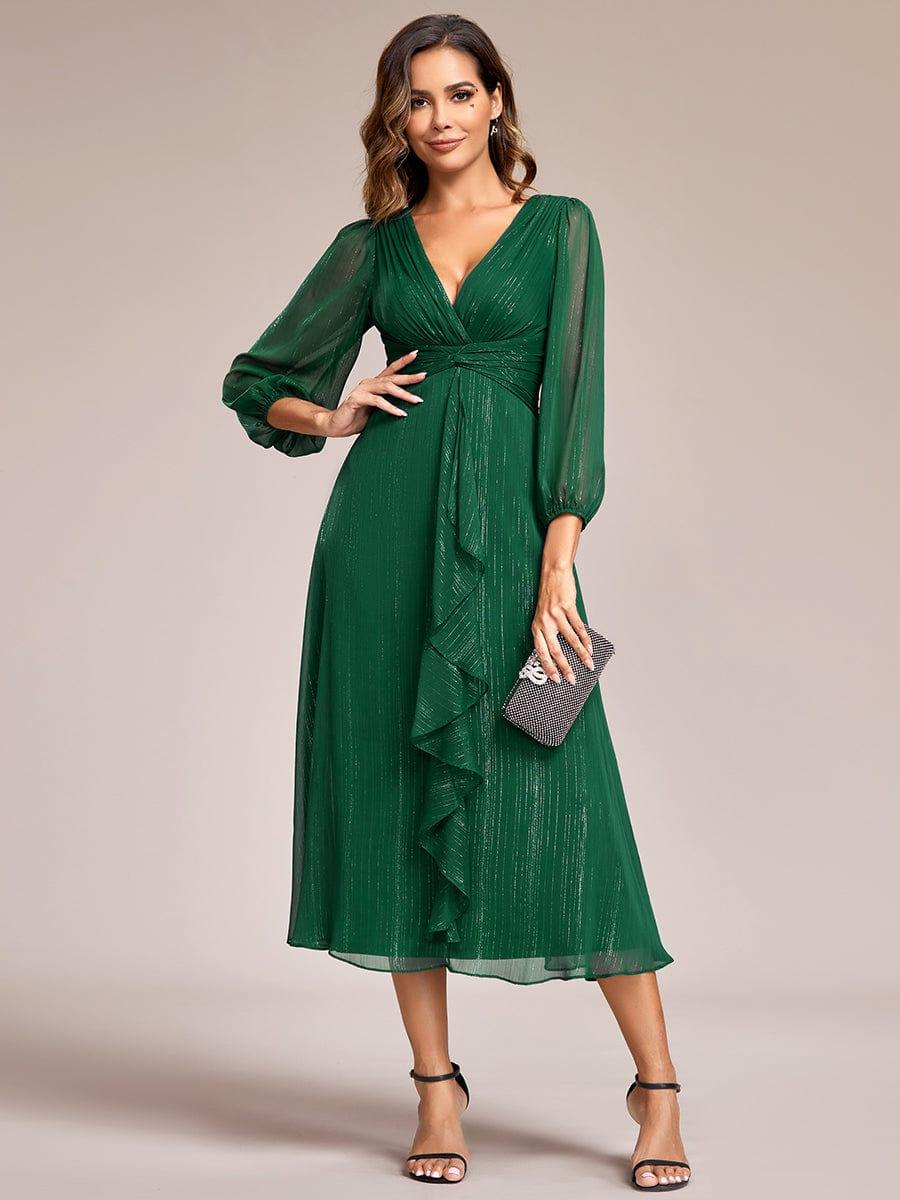 ever EMBER|Shimmering Long Sleeve V-Neck Chiffon Twist Knot A-Line Evening Dress