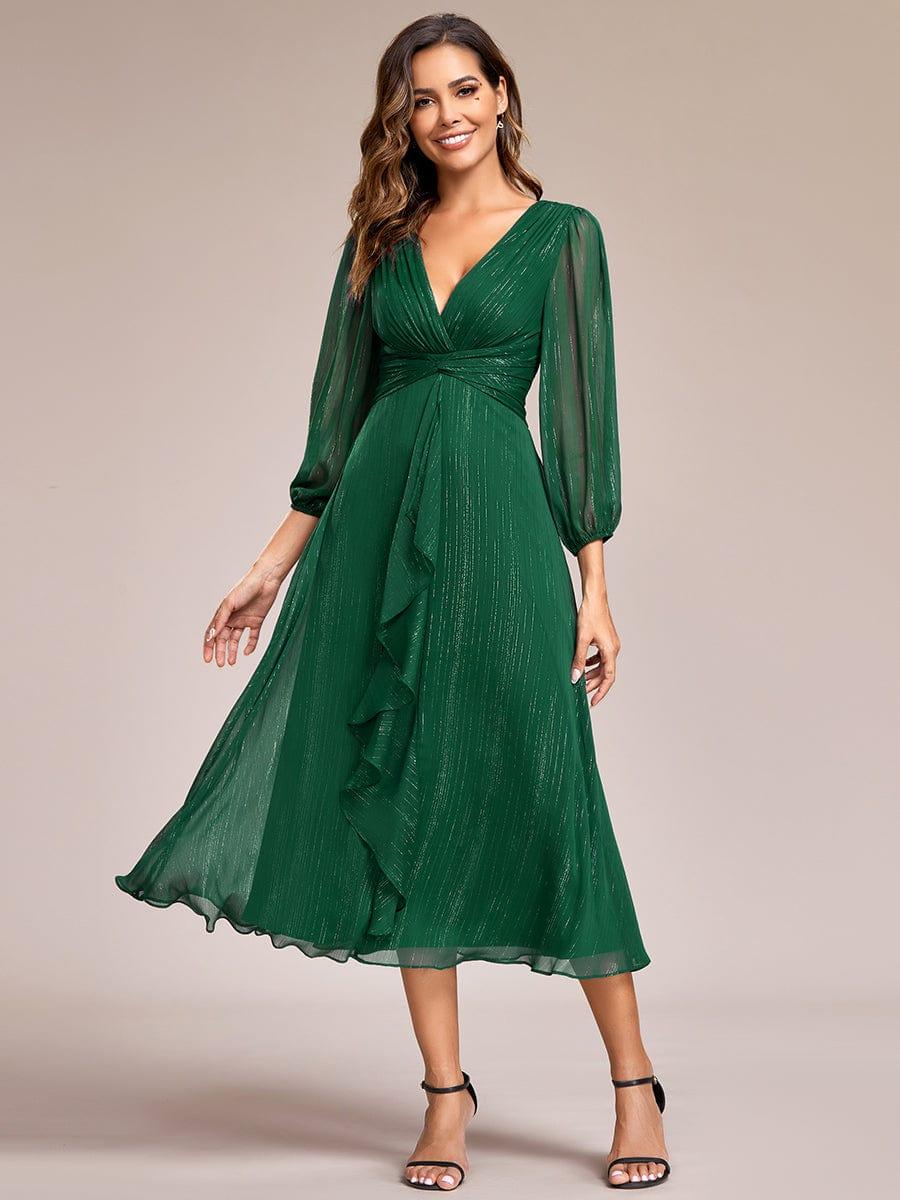 ever EMBER|Shimmering Long Sleeve V-Neck Chiffon Twist Knot A-Line Evening Dress
