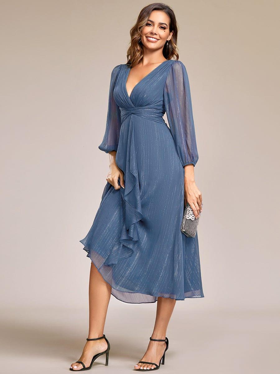 ever EMBER|Shimmering Long Sleeve V-Neck Chiffon Twist Knot A-Line Evening Dress