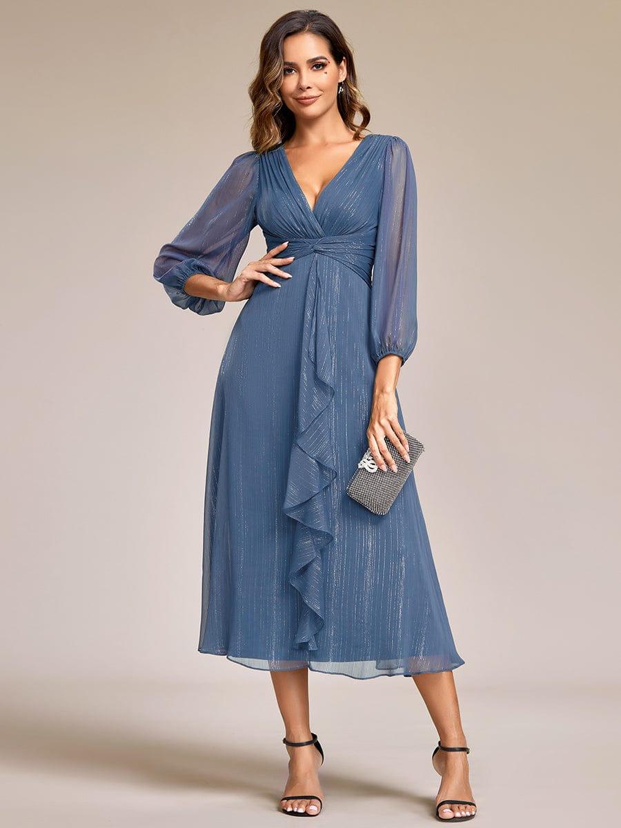 ever EMBER|Shimmering Long Sleeve V-Neck Chiffon Twist Knot A-Line Evening Dress