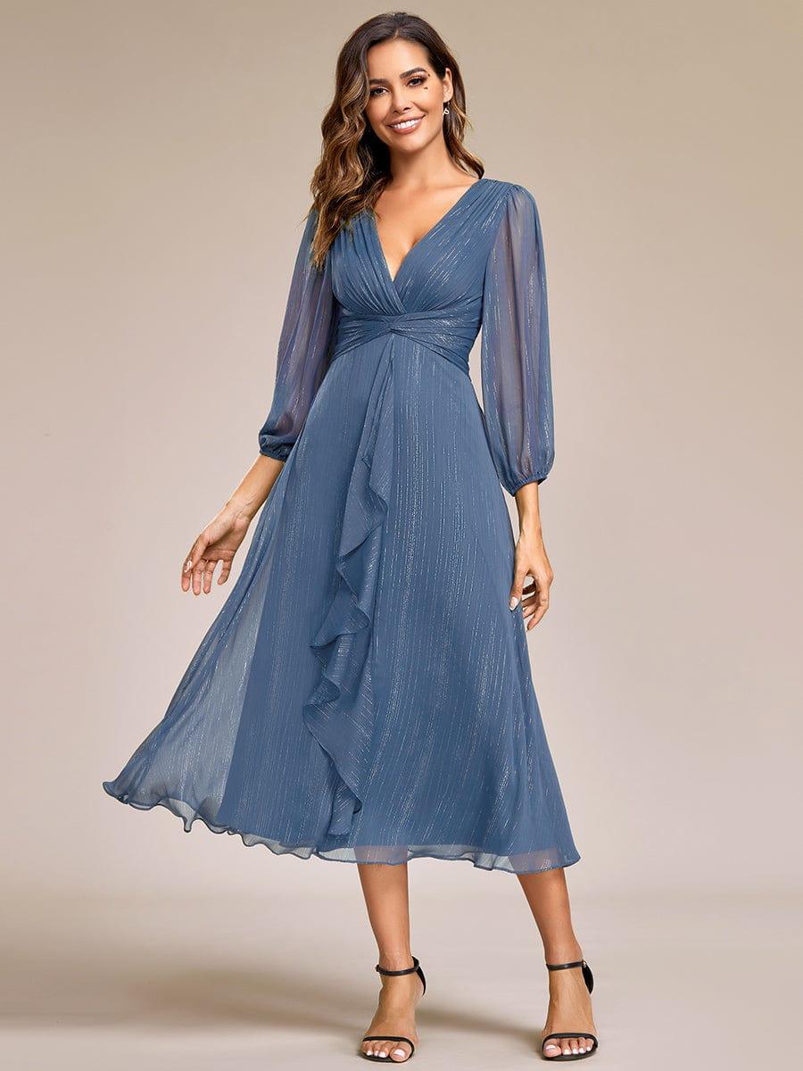ever EMBER|Shimmering Long Sleeve V-Neck Chiffon Twist Knot A-Line Evening Dress