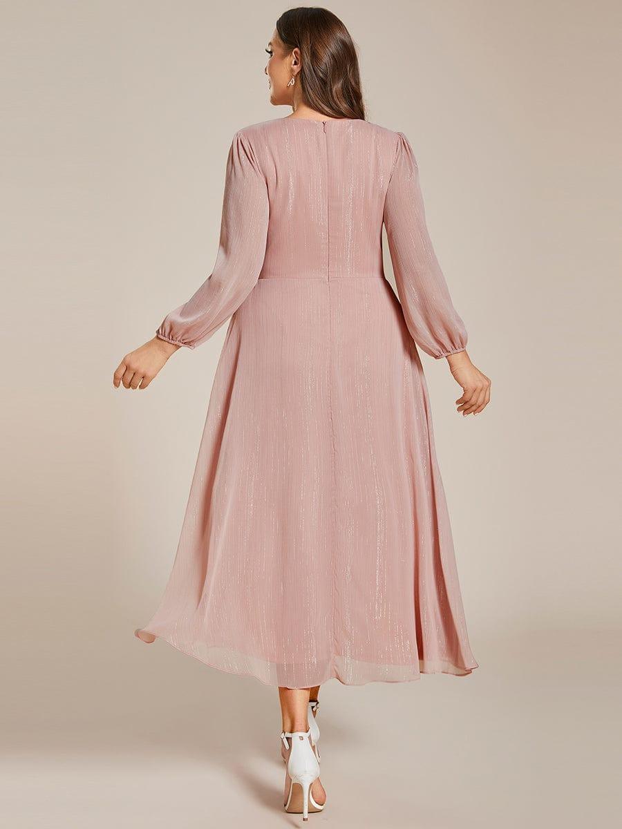 ever EMBER|Shimmering Long Sleeve V-Neck Chiffon Twist Knot A-Line Evening Dress