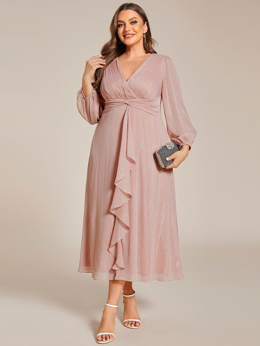 ever EMBER|Shimmering Long Sleeve V-Neck Chiffon Twist Knot A-Line Evening Dress