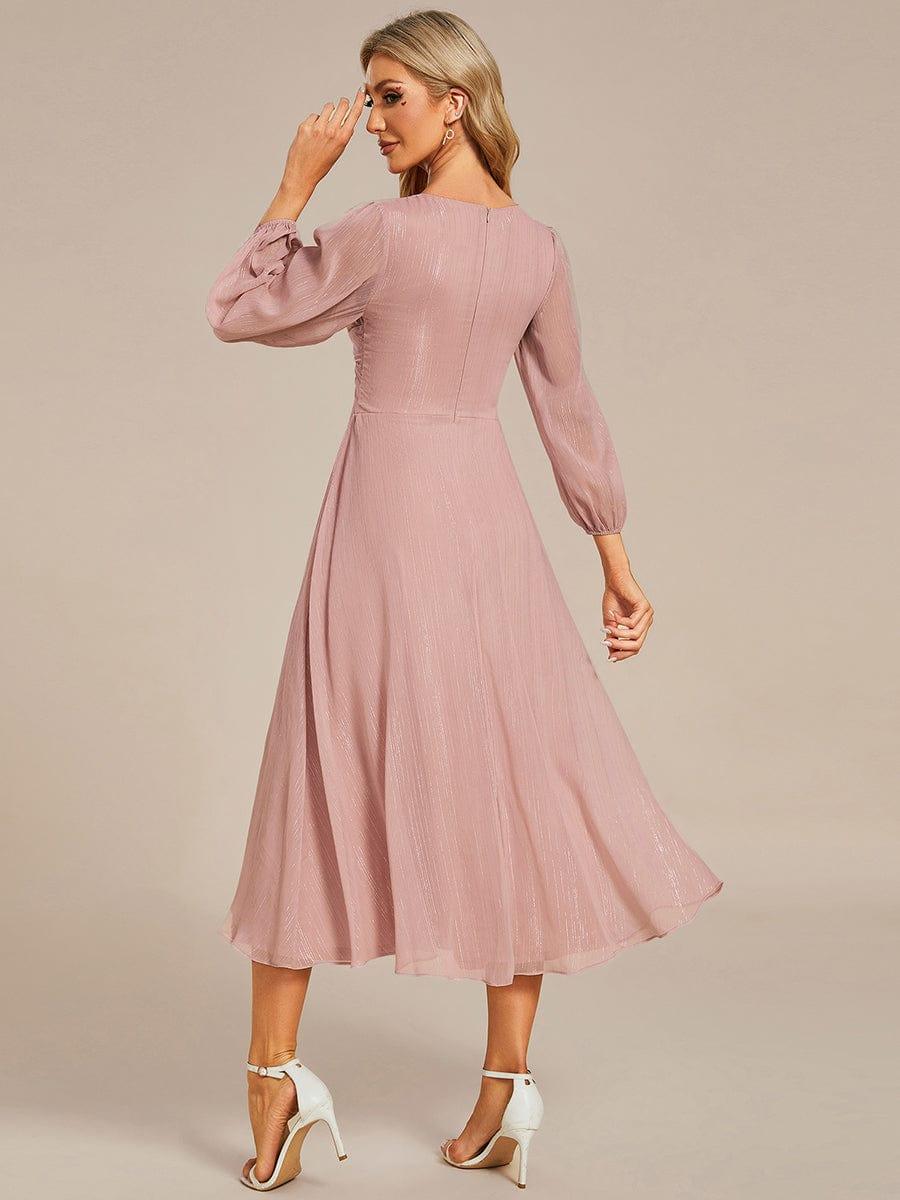 ever EMBER|Shimmering Long Sleeve V-Neck Chiffon Twist Knot A-Line Evening Dress