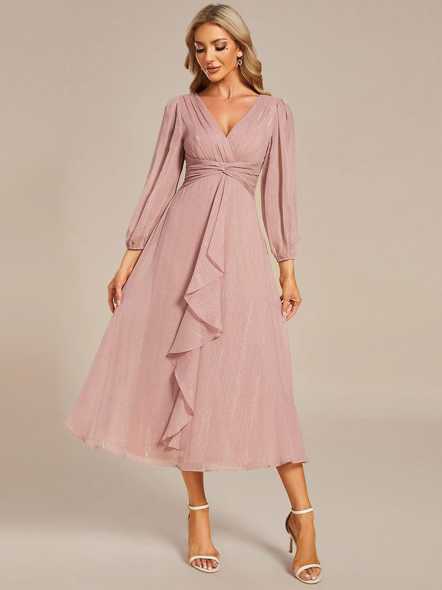 ever EMBER|Shimmering Long Sleeve V-Neck Chiffon Twist Knot A-Line Evening Dress