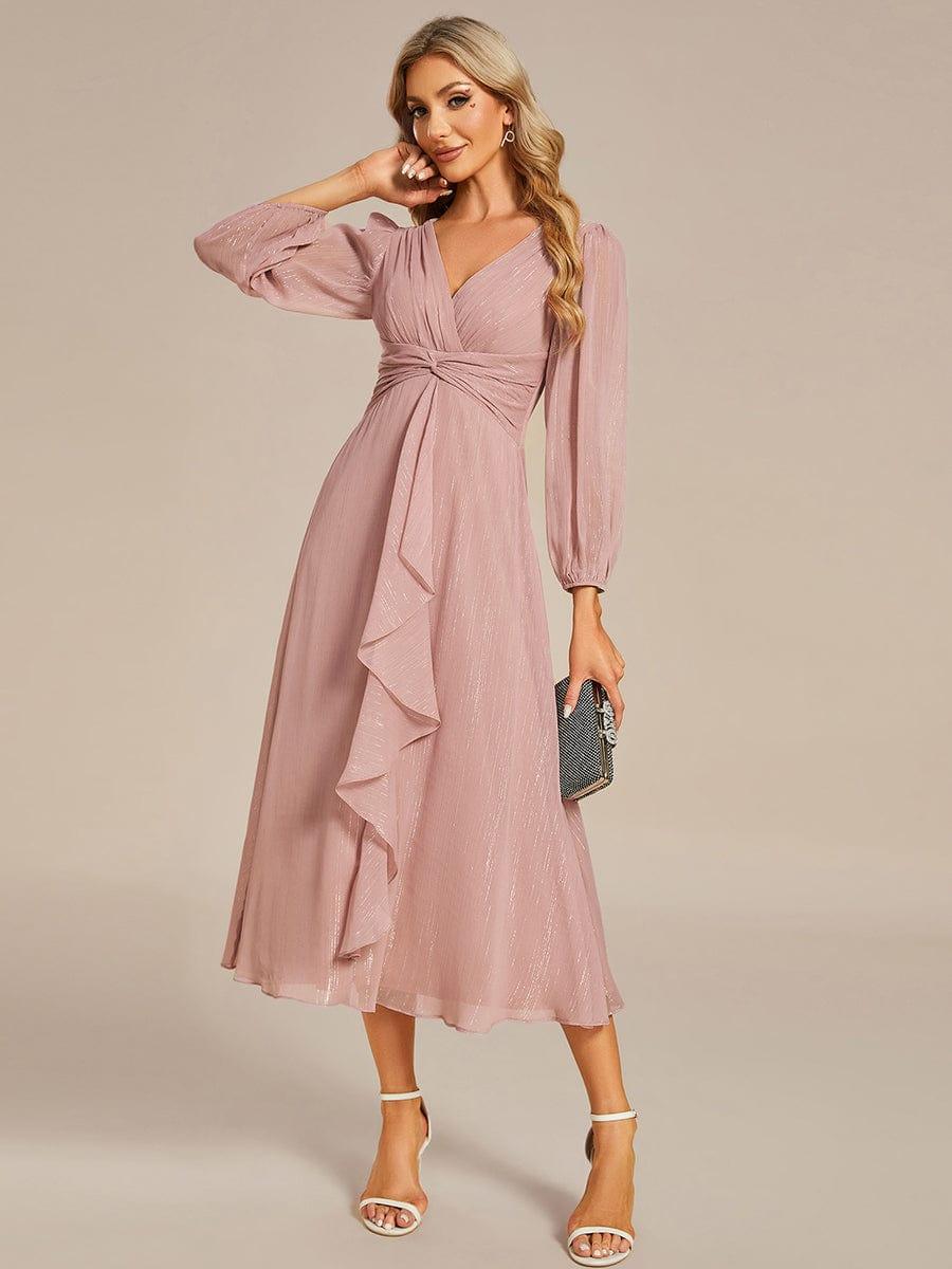 ever EMBER|Shimmering Long Sleeve V-Neck Chiffon Twist Knot A-Line Evening Dress