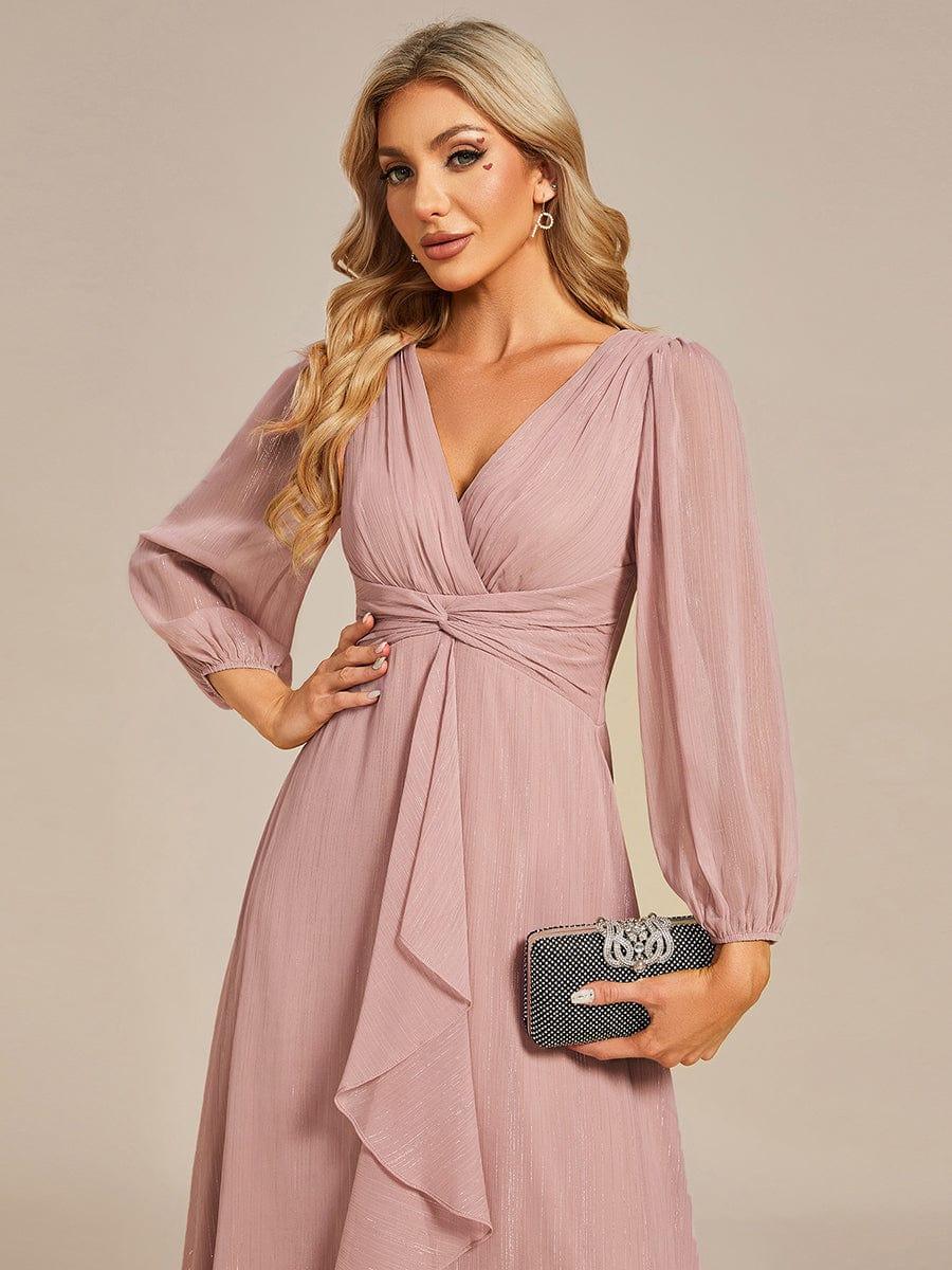 ever EMBER|Shimmering Long Sleeve V-Neck Chiffon Twist Knot A-Line Evening Dress