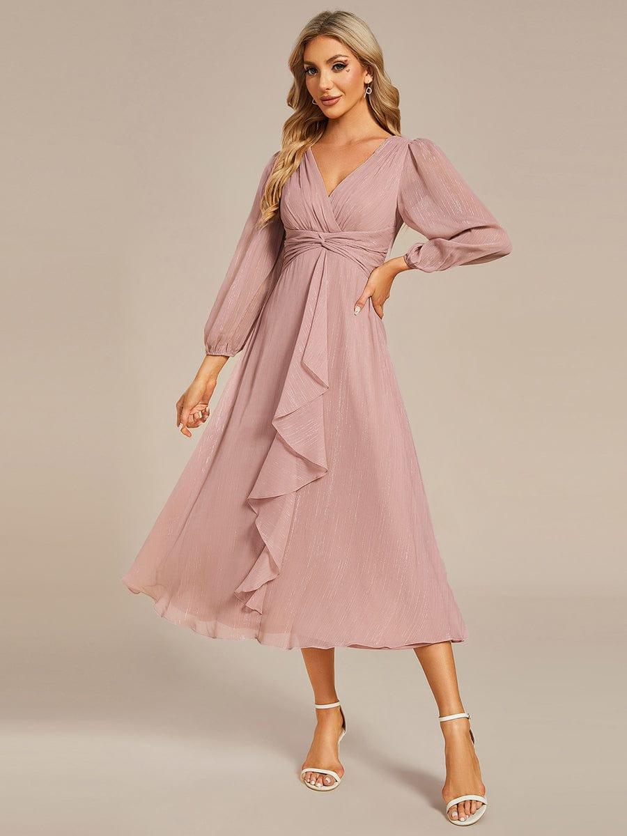 ever EMBER|Shimmering Long Sleeve V-Neck Chiffon Twist Knot A-Line Evening Dress