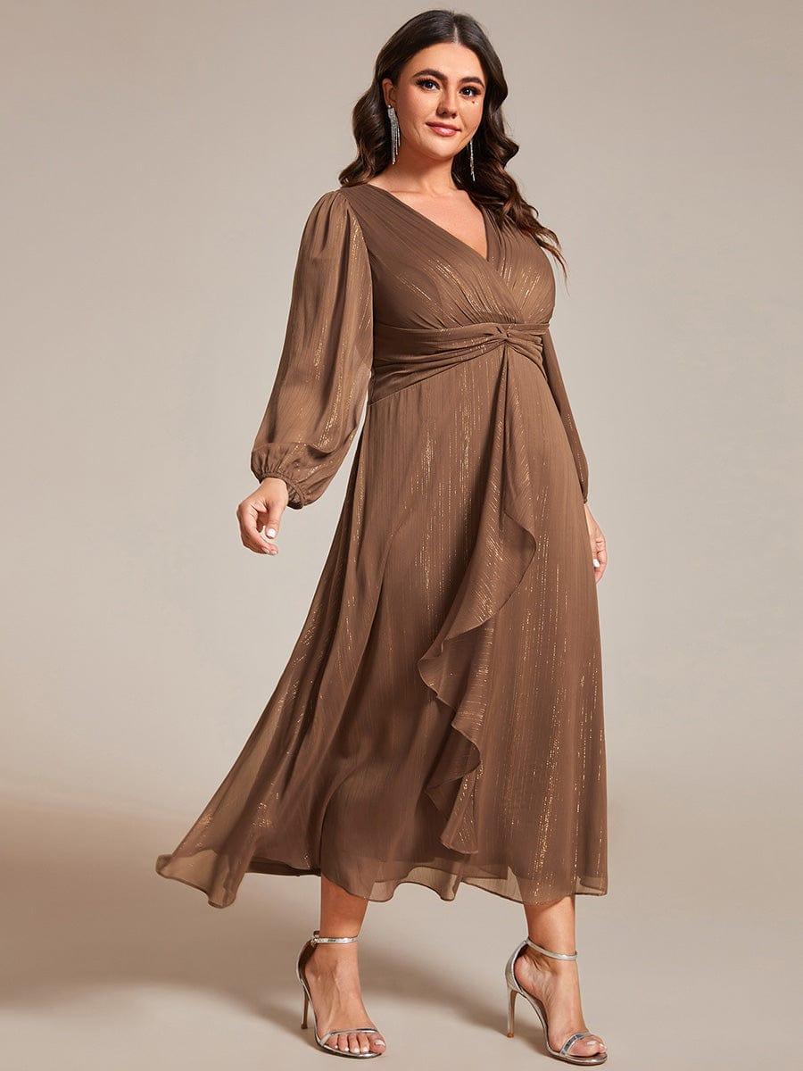 ever EMBER|Shimmering Long Sleeve V-Neck Chiffon Twist Knot A-Line Evening Dress