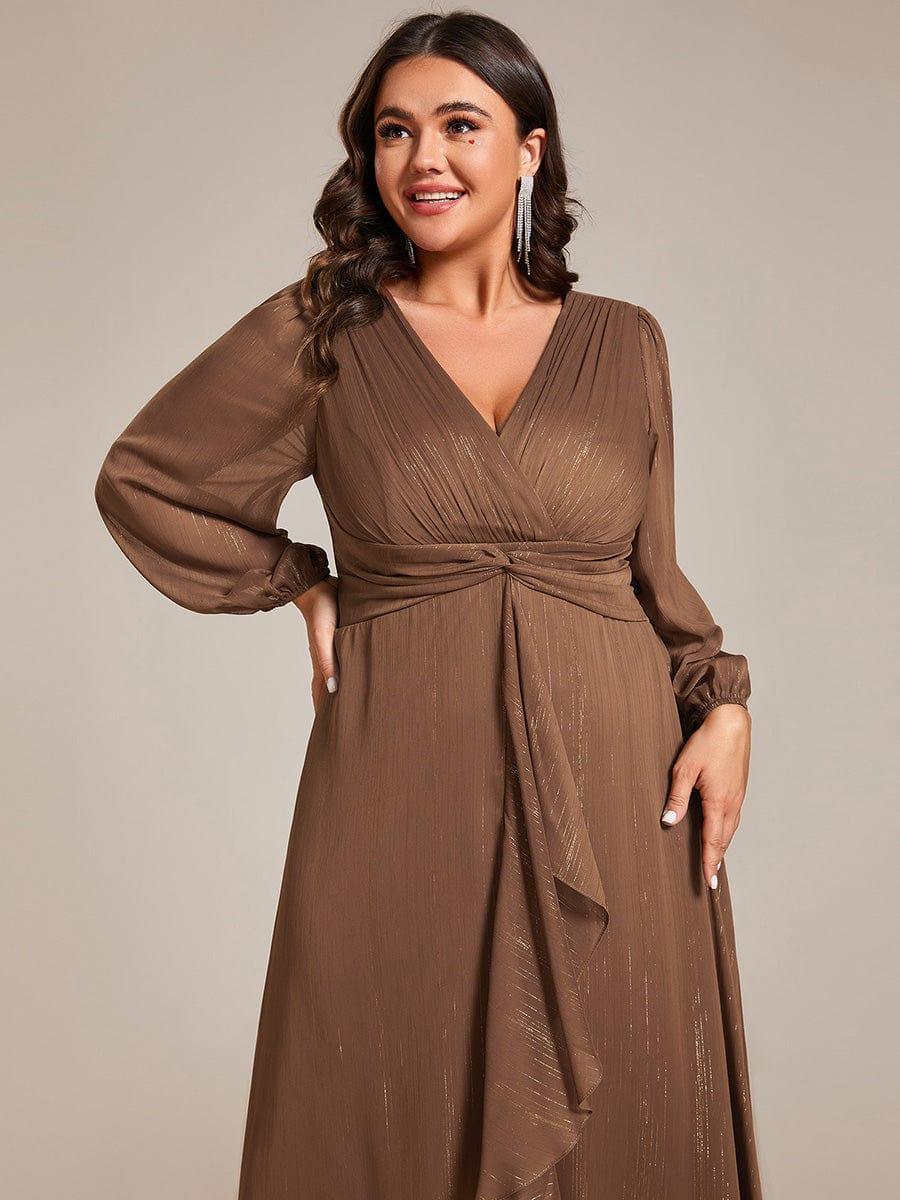 ever EMBER|Shimmering Long Sleeve V-Neck Chiffon Twist Knot A-Line Evening Dress