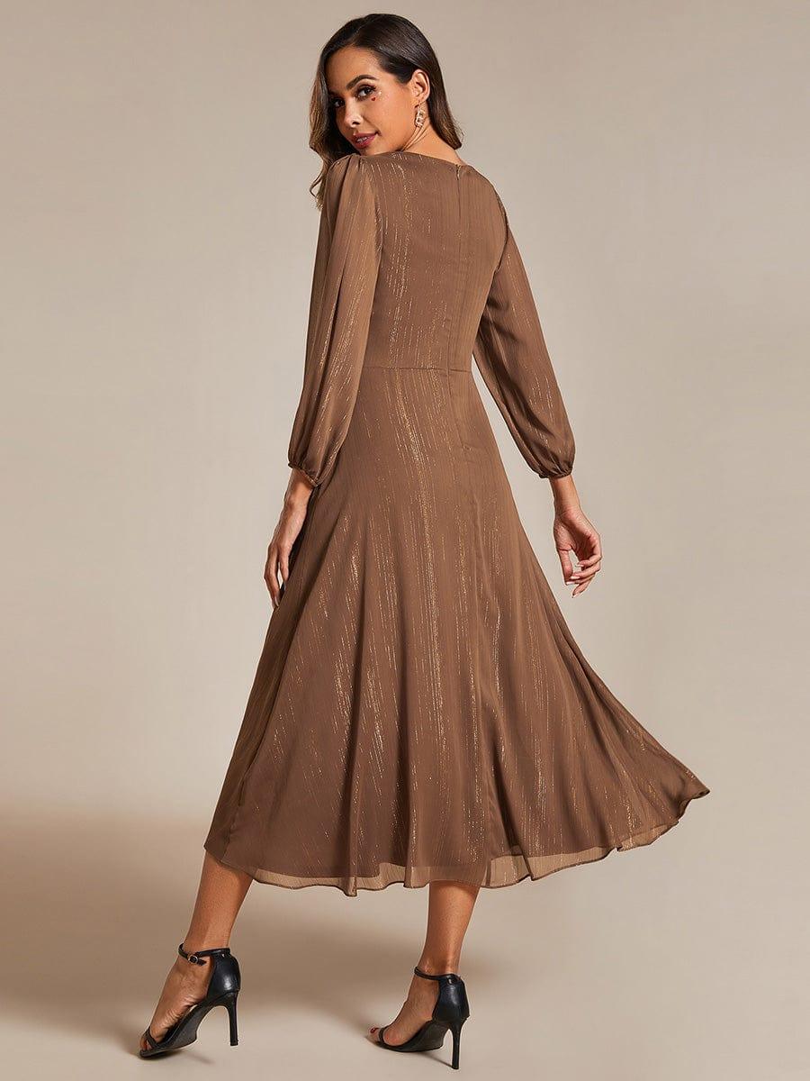 ever EMBER|Shimmering Long Sleeve V-Neck Chiffon Twist Knot A-Line Evening Dress