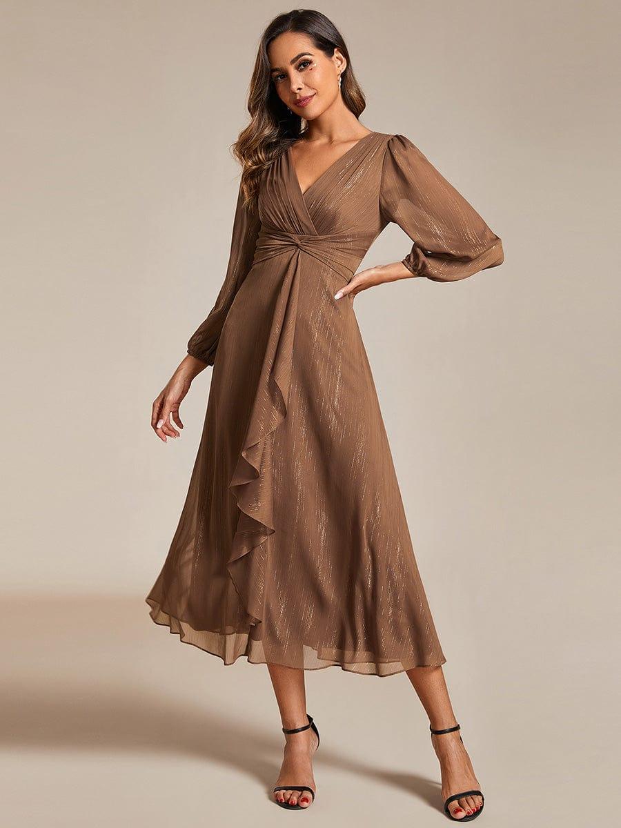 ever EMBER|Shimmering Long Sleeve V-Neck Chiffon Twist Knot A-Line Evening Dress