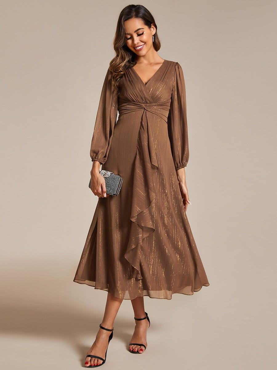 ever EMBER|Shimmering Long Sleeve V-Neck Chiffon Twist Knot A-Line Evening Dress