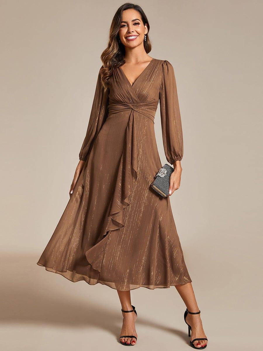 ever EMBER|Shimmering Long Sleeve V-Neck Chiffon Twist Knot A-Line Evening Dress
