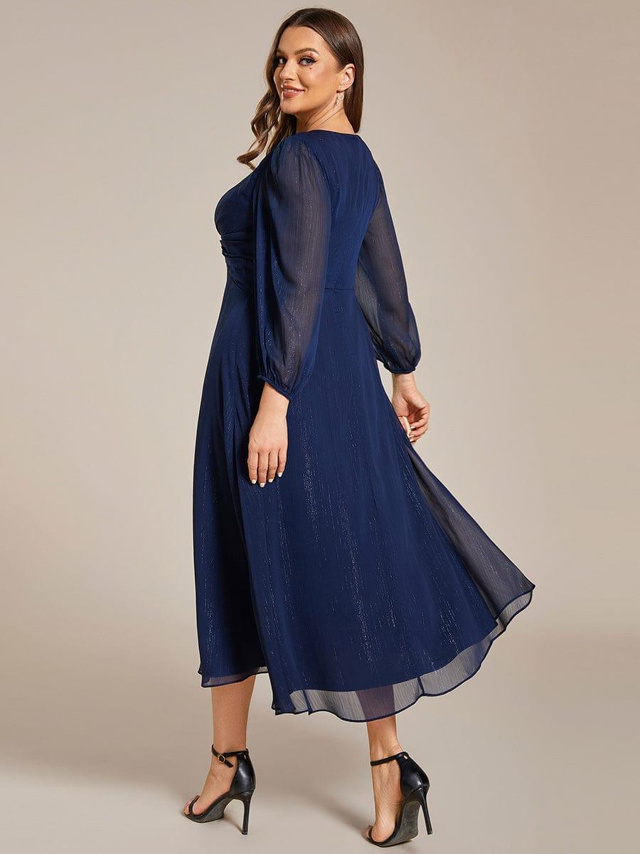 ever EMBER|Shimmering Long Sleeve V-Neck Chiffon Twist Knot A-Line Evening Dress