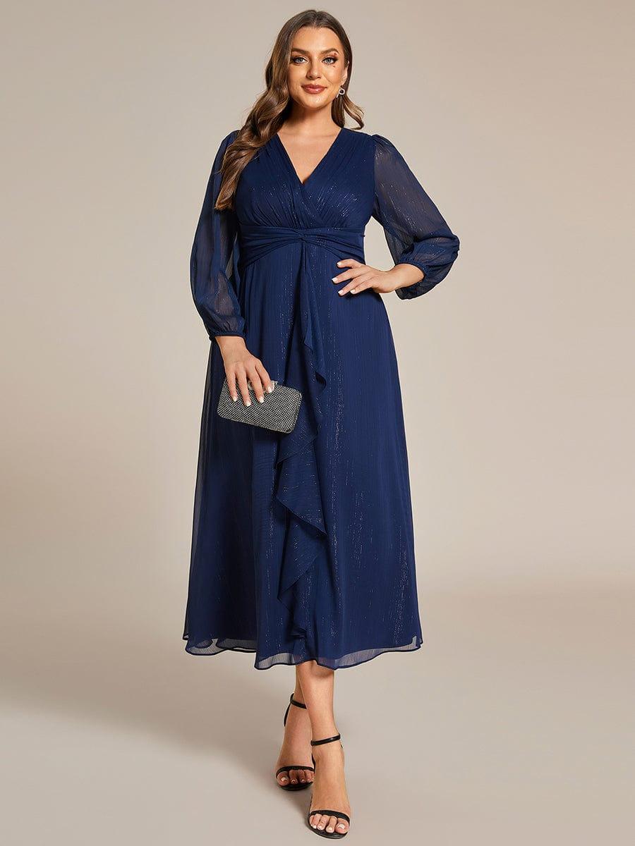 ever EMBER|Shimmering Long Sleeve V-Neck Chiffon Twist Knot A-Line Evening Dress