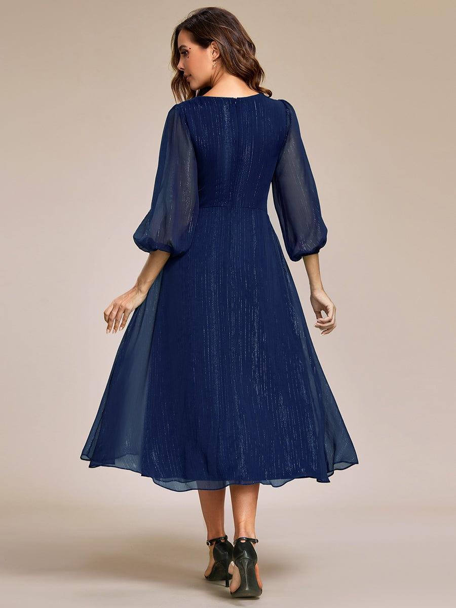 ever EMBER|Shimmering Long Sleeve V-Neck Chiffon Twist Knot A-Line Evening Dress