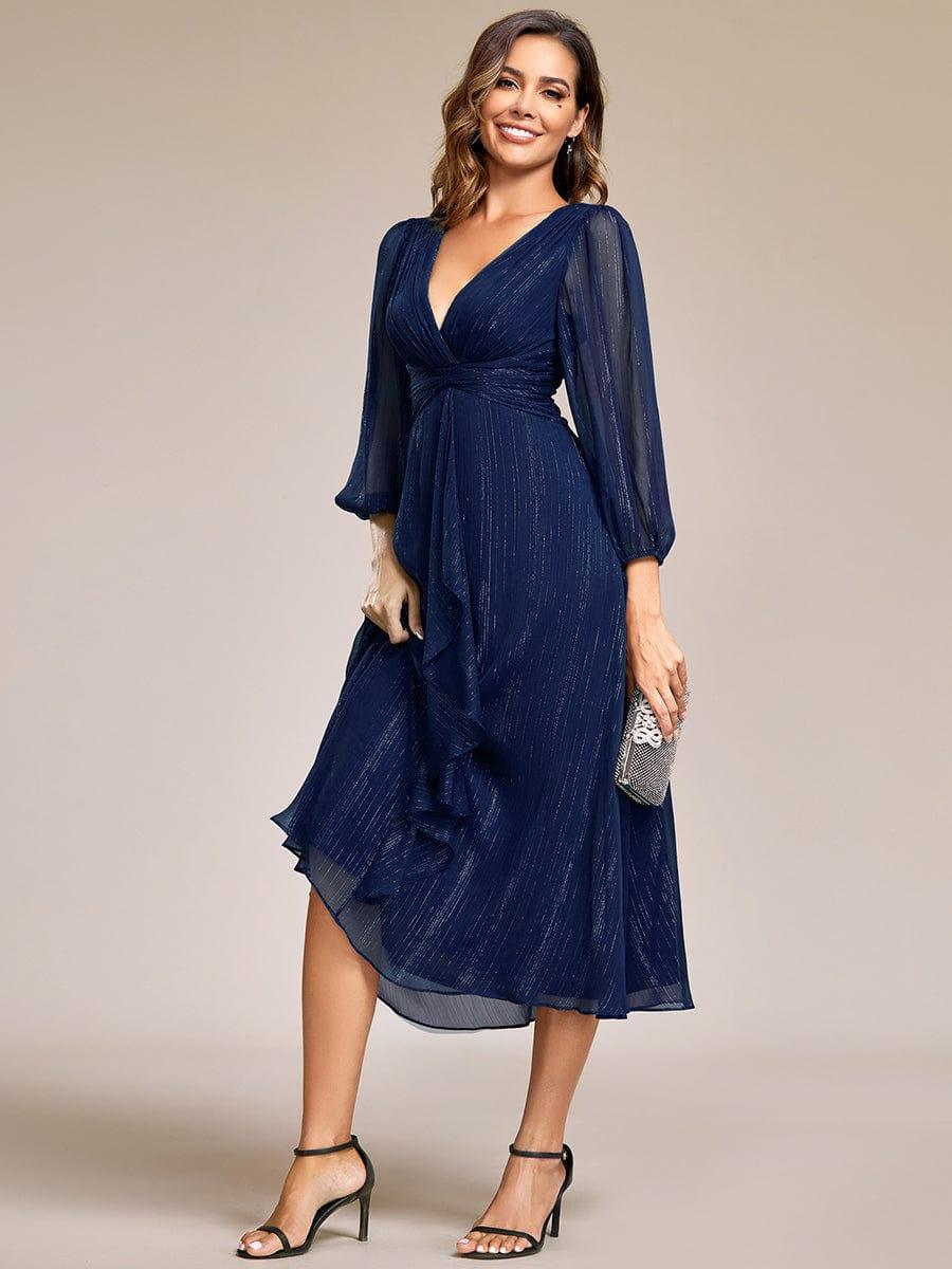 ever EMBER|Shimmering Long Sleeve V-Neck Chiffon Twist Knot A-Line Evening Dress