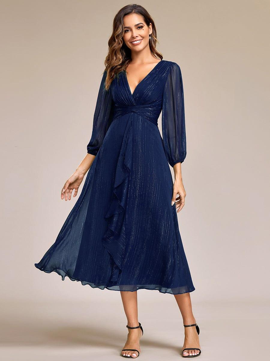 ever EMBER|Shimmering Long Sleeve V-Neck Chiffon Twist Knot A-Line Evening Dress