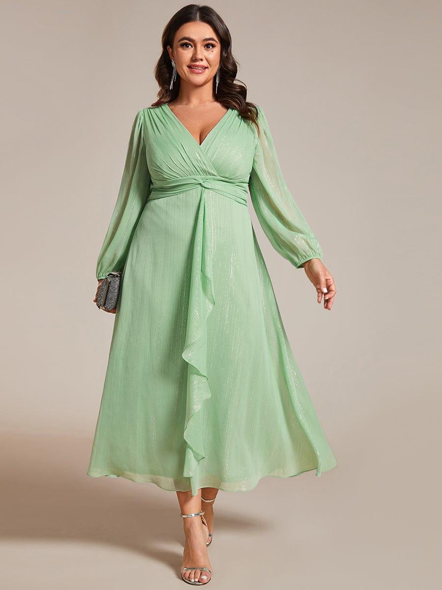 ever EMBER|Shimmering Long Sleeve V-Neck Chiffon Twist Knot A-Line Evening Dress