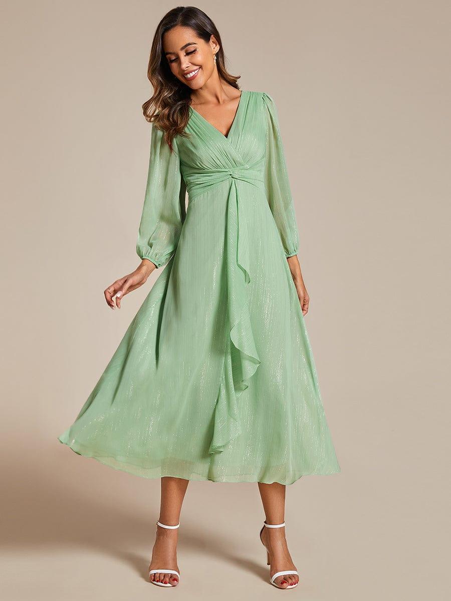 ever EMBER|Shimmering Long Sleeve V-Neck Chiffon Twist Knot A-Line Evening Dress