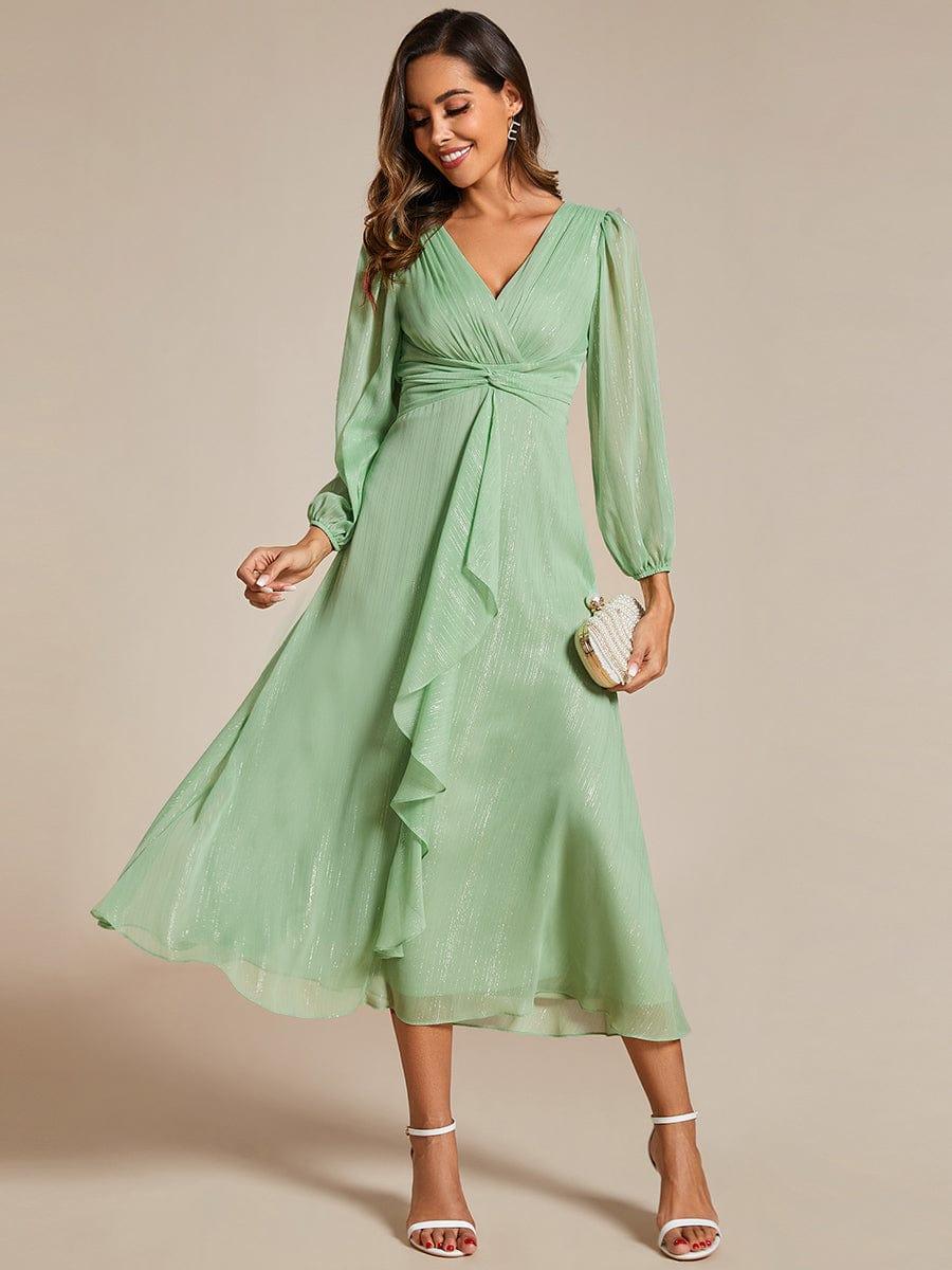 ever EMBER|Shimmering Long Sleeve V-Neck Chiffon Twist Knot A-Line Evening Dress