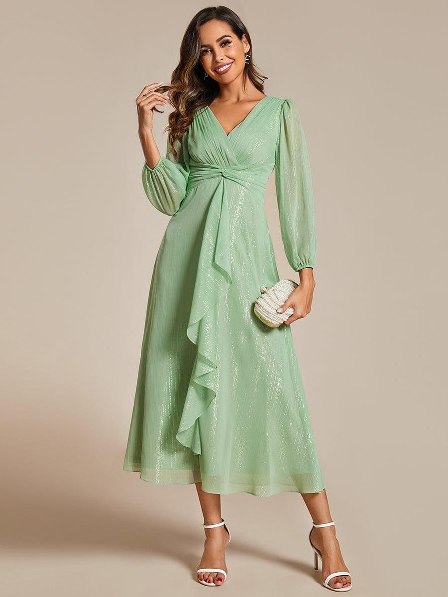 ever EMBER|Shimmering Long Sleeve V-Neck Chiffon Twist Knot A-Line Evening Dress