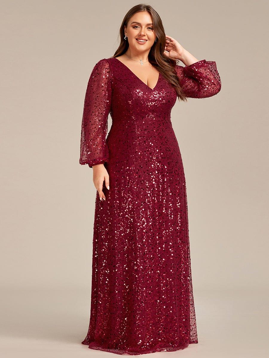 ever RAYVEN|V-Neck Lantern Long Sleeve Sequin A-Line Evening Dress