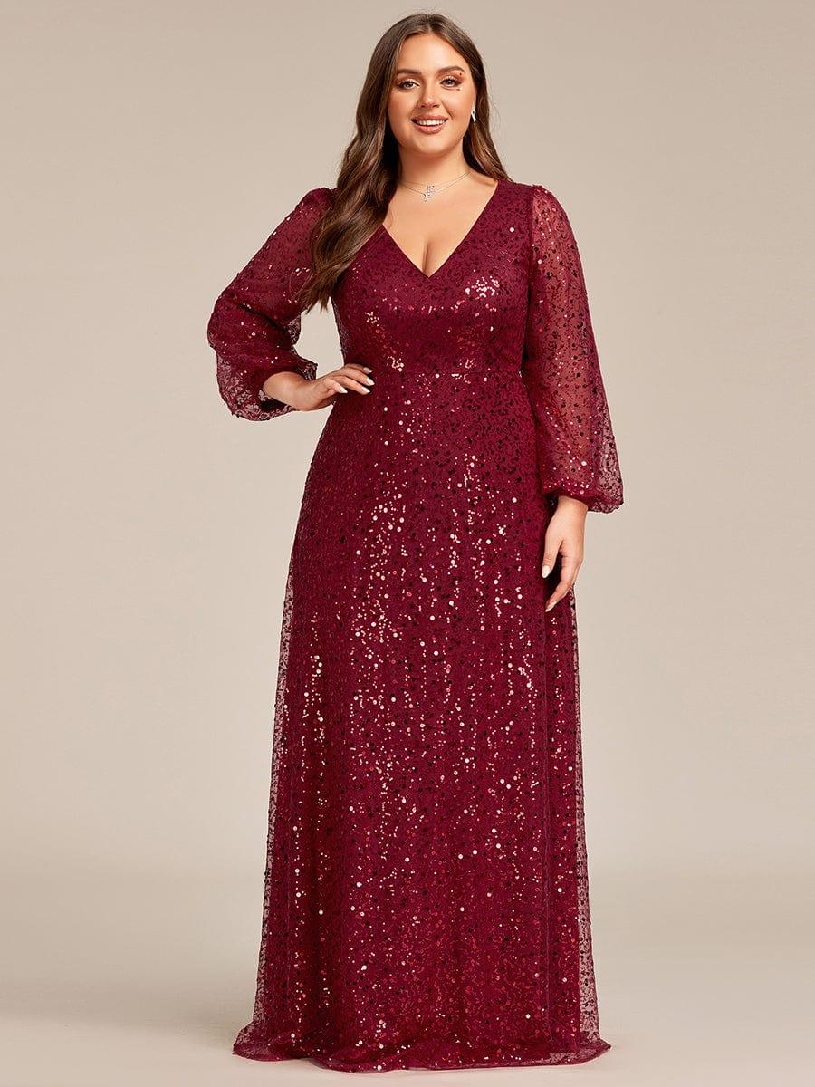 ever RAYVEN|V-Neck Lantern Long Sleeve Sequin A-Line Evening Dress