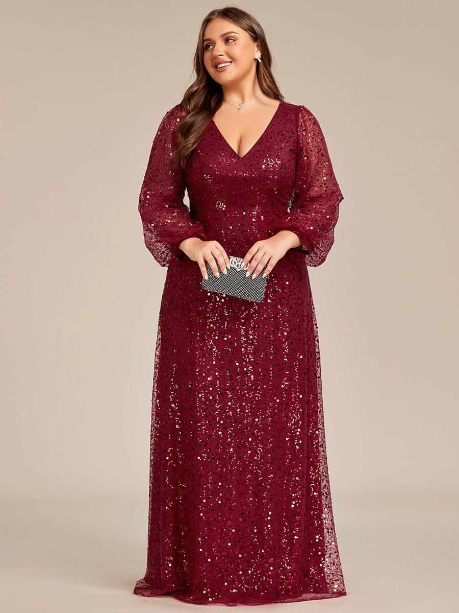 ever RAYVEN|V-Neck Lantern Long Sleeve Sequin A-Line Evening Dress
