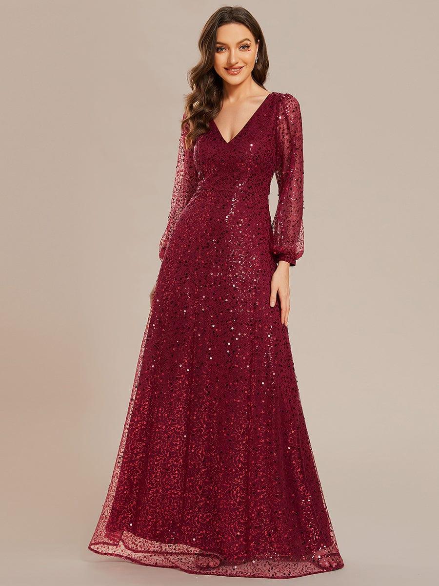 ever RAYVEN|V-Neck Lantern Long Sleeve Sequin A-Line Evening Dress