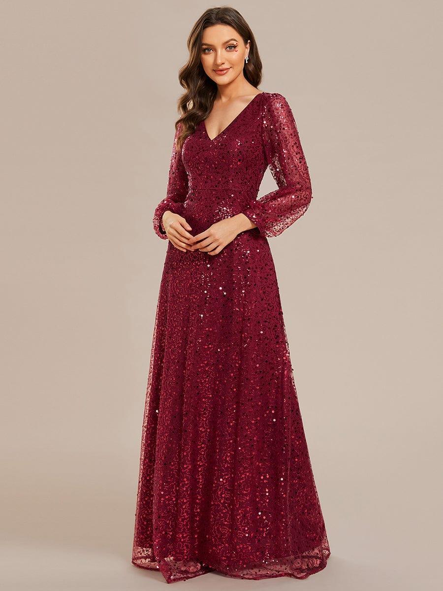 ever RAYVEN|V-Neck Lantern Long Sleeve Sequin A-Line Evening Dress