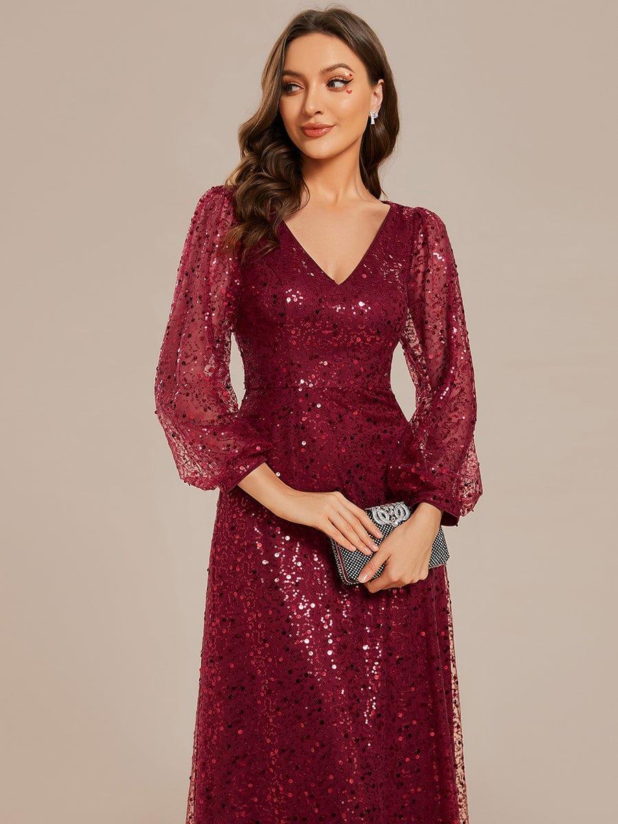 ever RAYVEN|V-Neck Lantern Long Sleeve Sequin A-Line Evening Dress