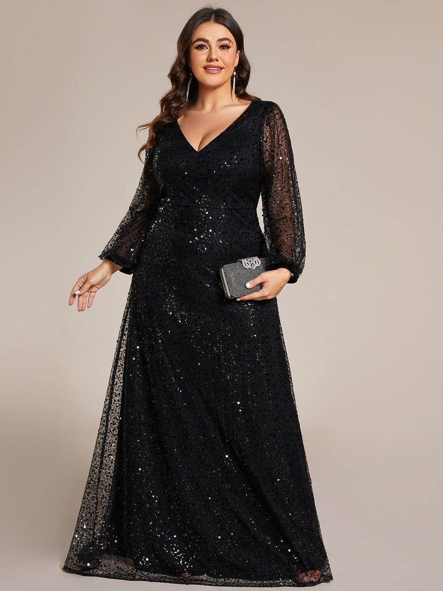 ever RAYVEN|V-Neck Lantern Long Sleeve Sequin A-Line Evening Dress