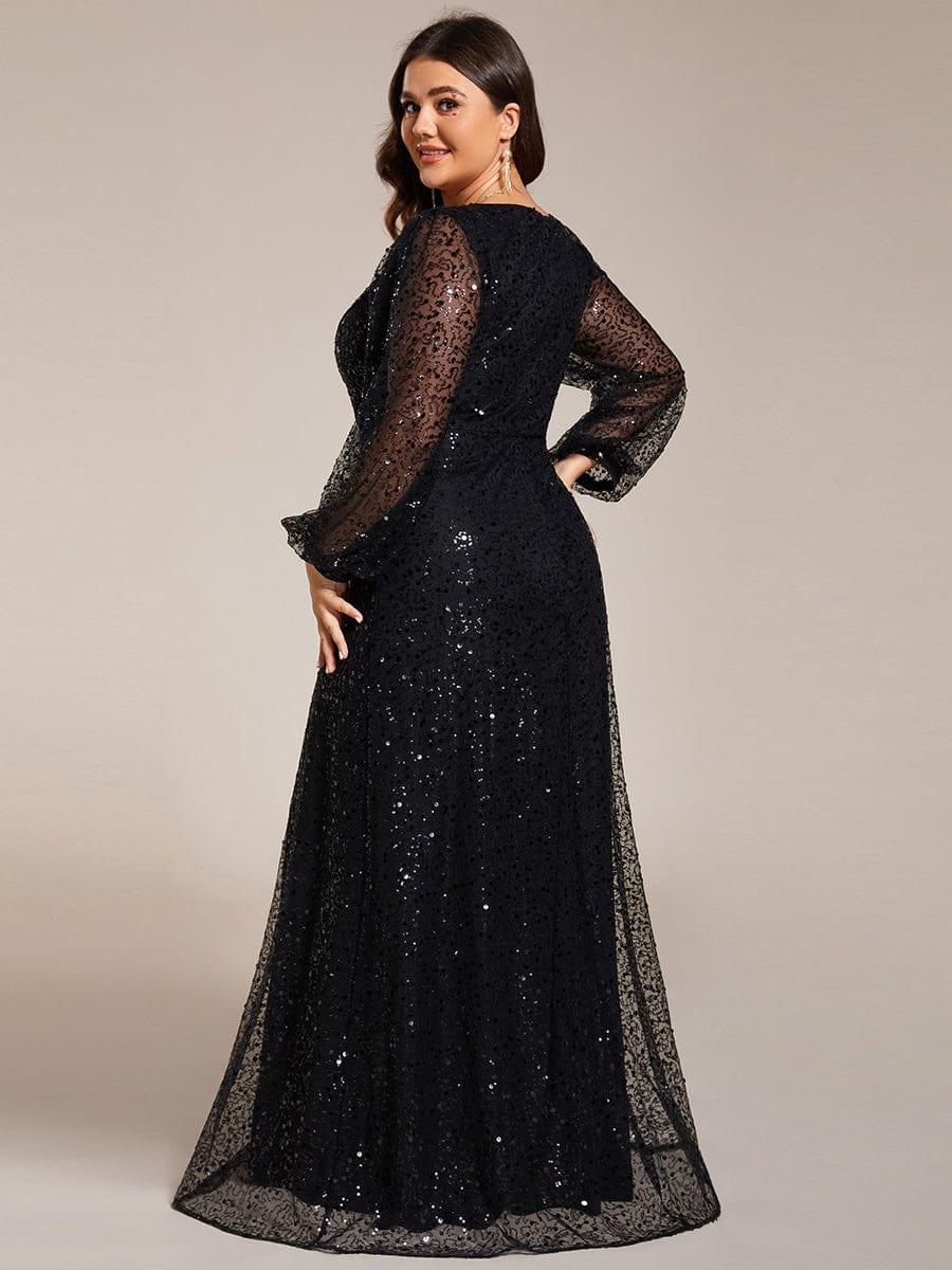 ever RAYVEN|V-Neck Lantern Long Sleeve Sequin A-Line Evening Dress