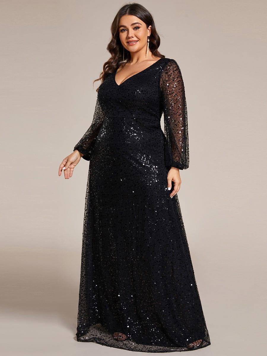 ever RAYVEN|V-Neck Lantern Long Sleeve Sequin A-Line Evening Dress